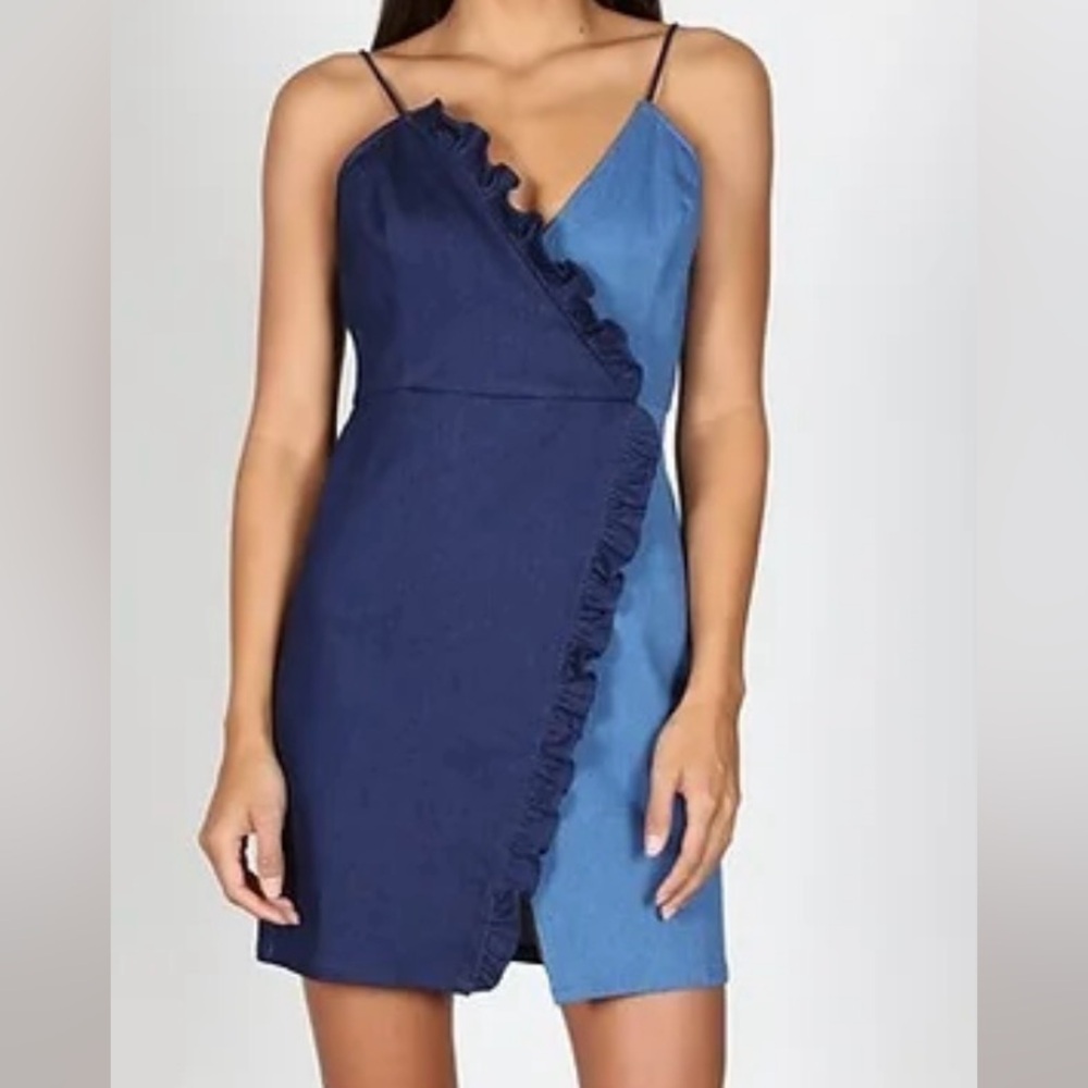 Blue Two-Tone Denim Ruffle Detail Dress Size S